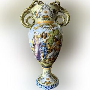 Antique Castelli Italian Majolica Vase 19th C Hand Painted Serpent Snake Handles